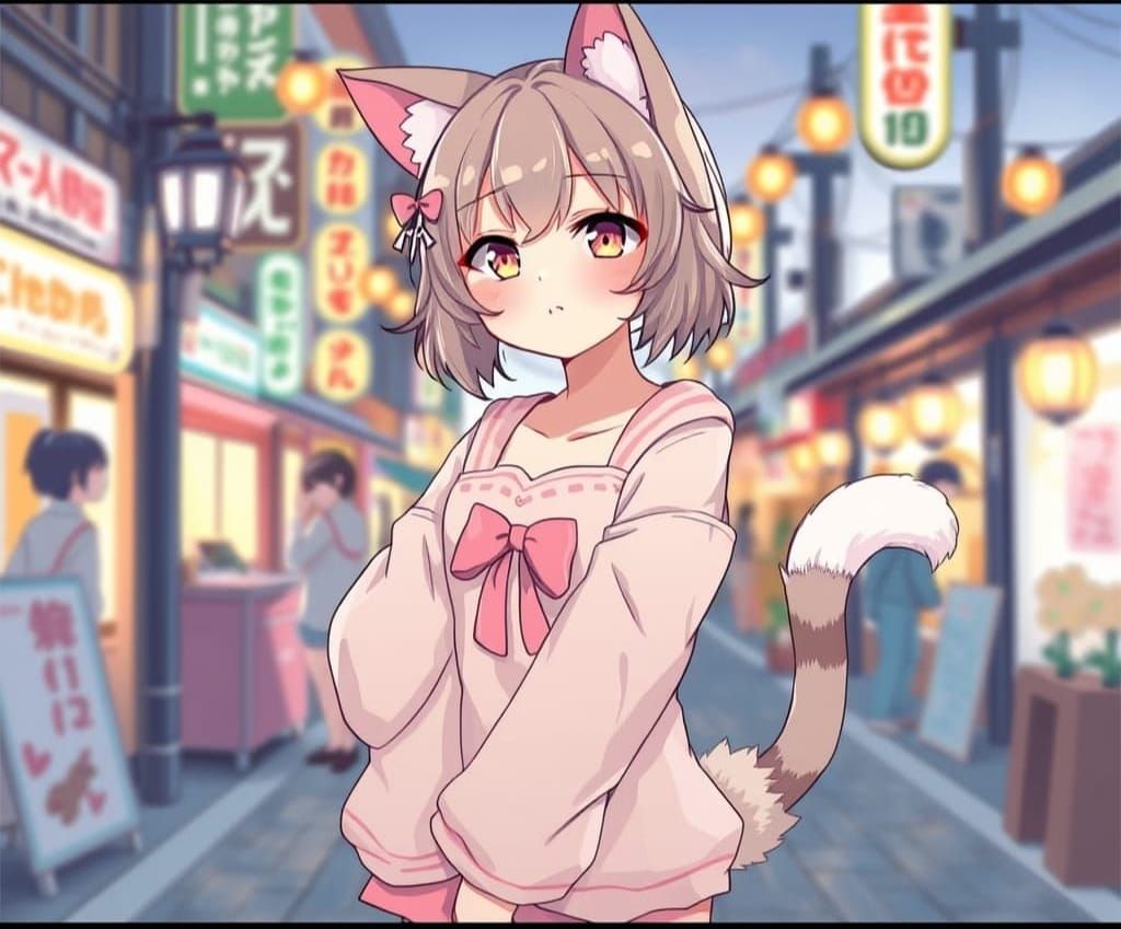Kawaii Anime Cat Girl in Pastel Colors