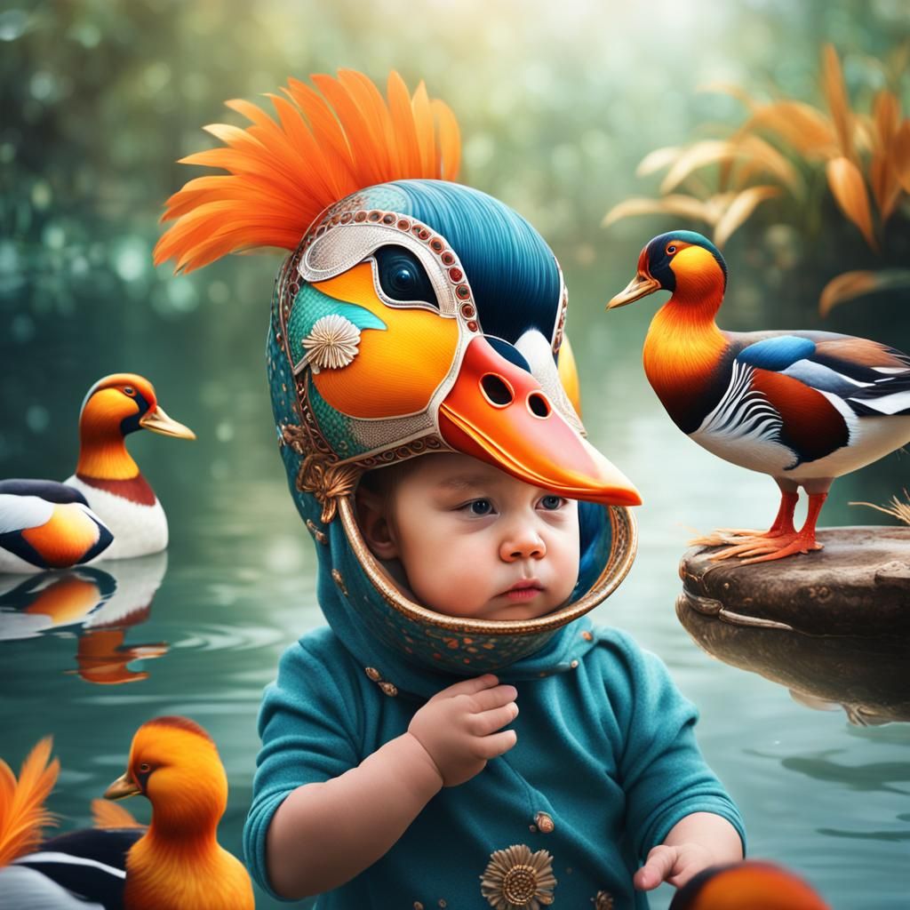 Baby Girl in Duck Mask: Hyperrealistic Digital Art