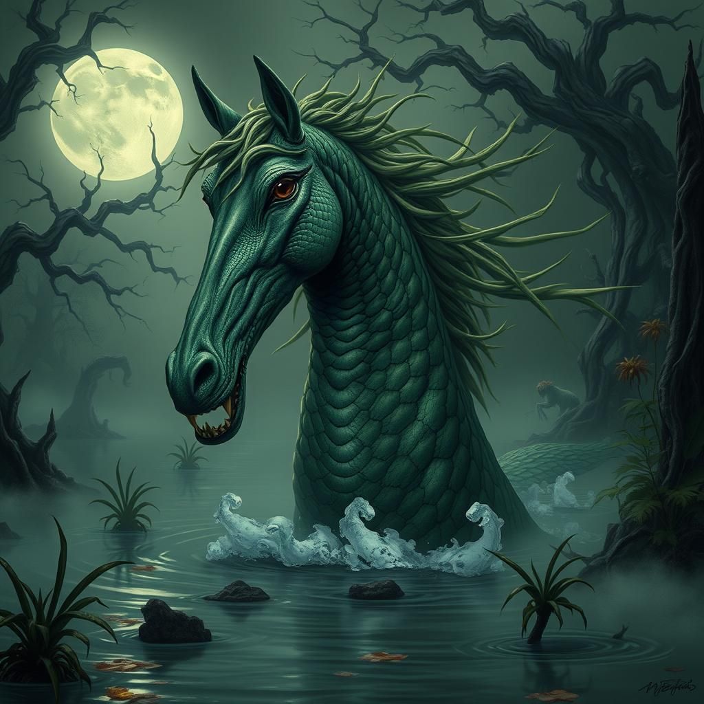 Mystical Water Horse Emerges from Moonlit Marsh