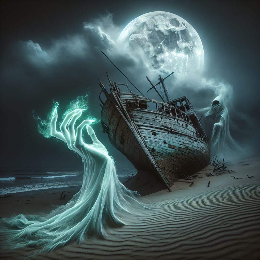 Ethereal Spirit Over Shipwreck in Moonlight