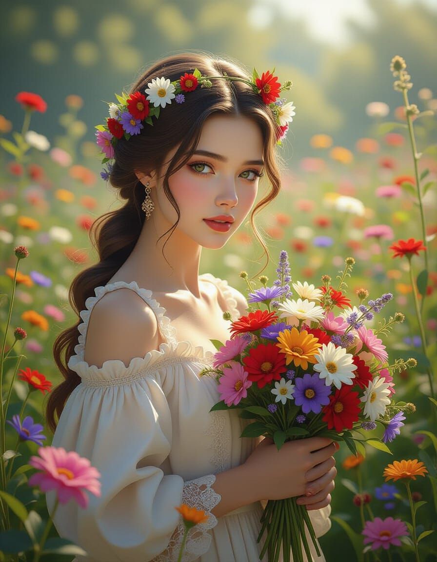 Floral Crowned Woman in Fantasy Realism Style
