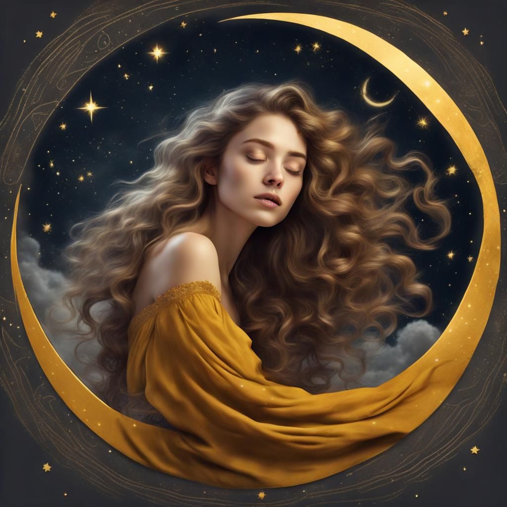 Girl Sleeping in Moonlit Sky, Detailed Matte Painting