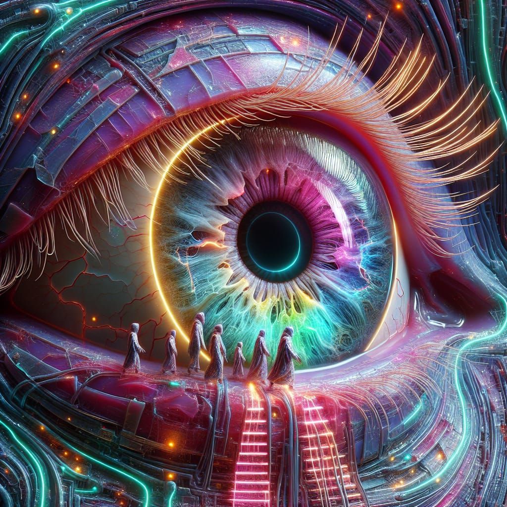 Eye Portrait with Neon Glass and Luminous Steps