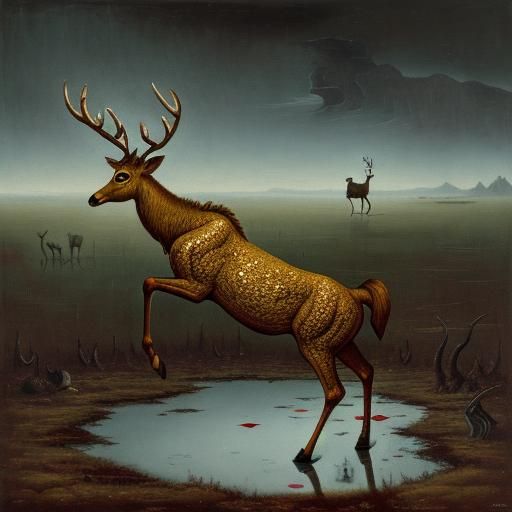 Surreal Deer on Stilts in Dreary Wasteland