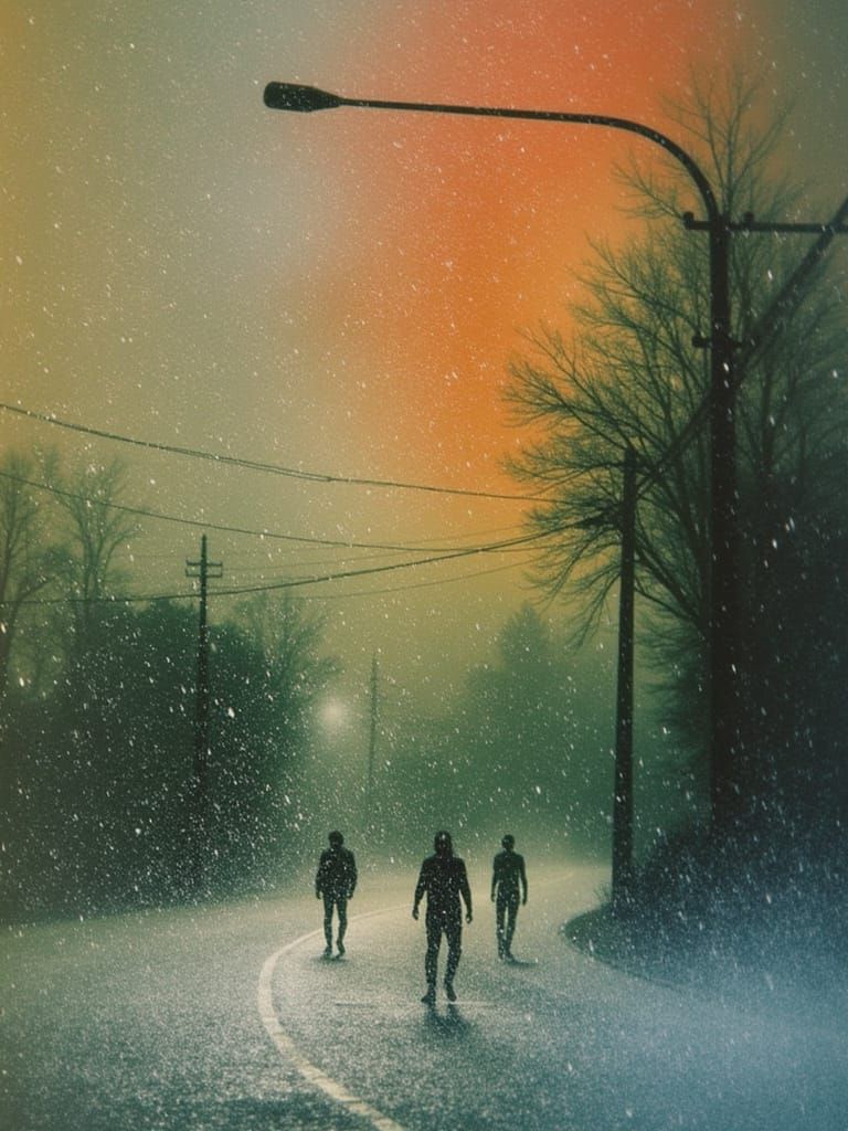 Cinematic Film Still of Silhouetted Figures in Heavy Rain