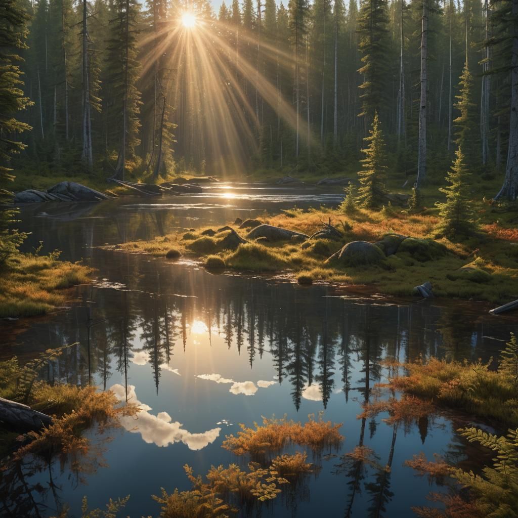 Boreal Forest Sunrise in Hyperrealistic Splash Art Style