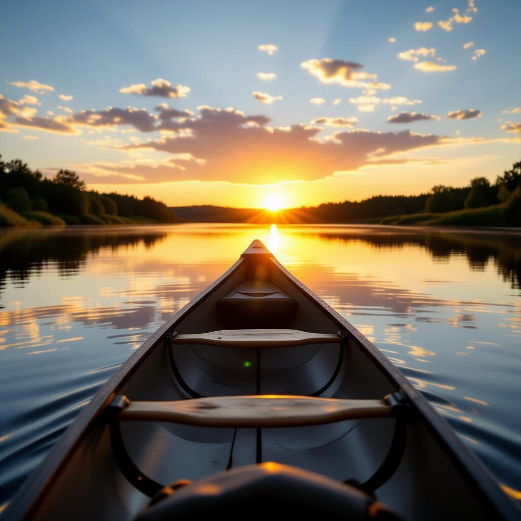 Canoe Drifts Down River at Sunset