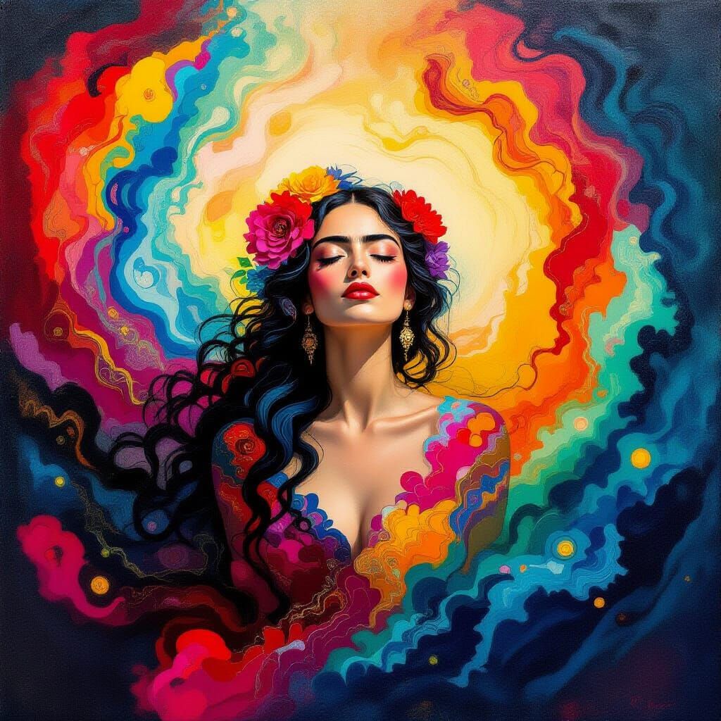 Emotional Harmony: Woman in Swirling Colors, Dreamlike Art