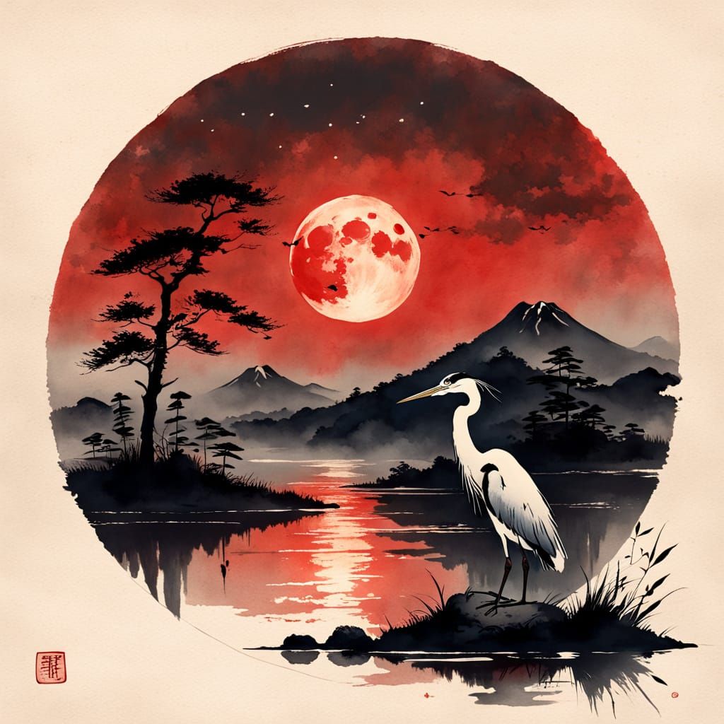 Heron and Blood Moon at Sunset in Japanese Ink Wash Style
