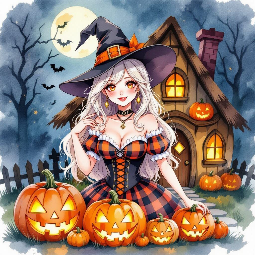 Cute Witch Admires Jack-o'-Lanterns in Pumpkin Hut Watercolo...