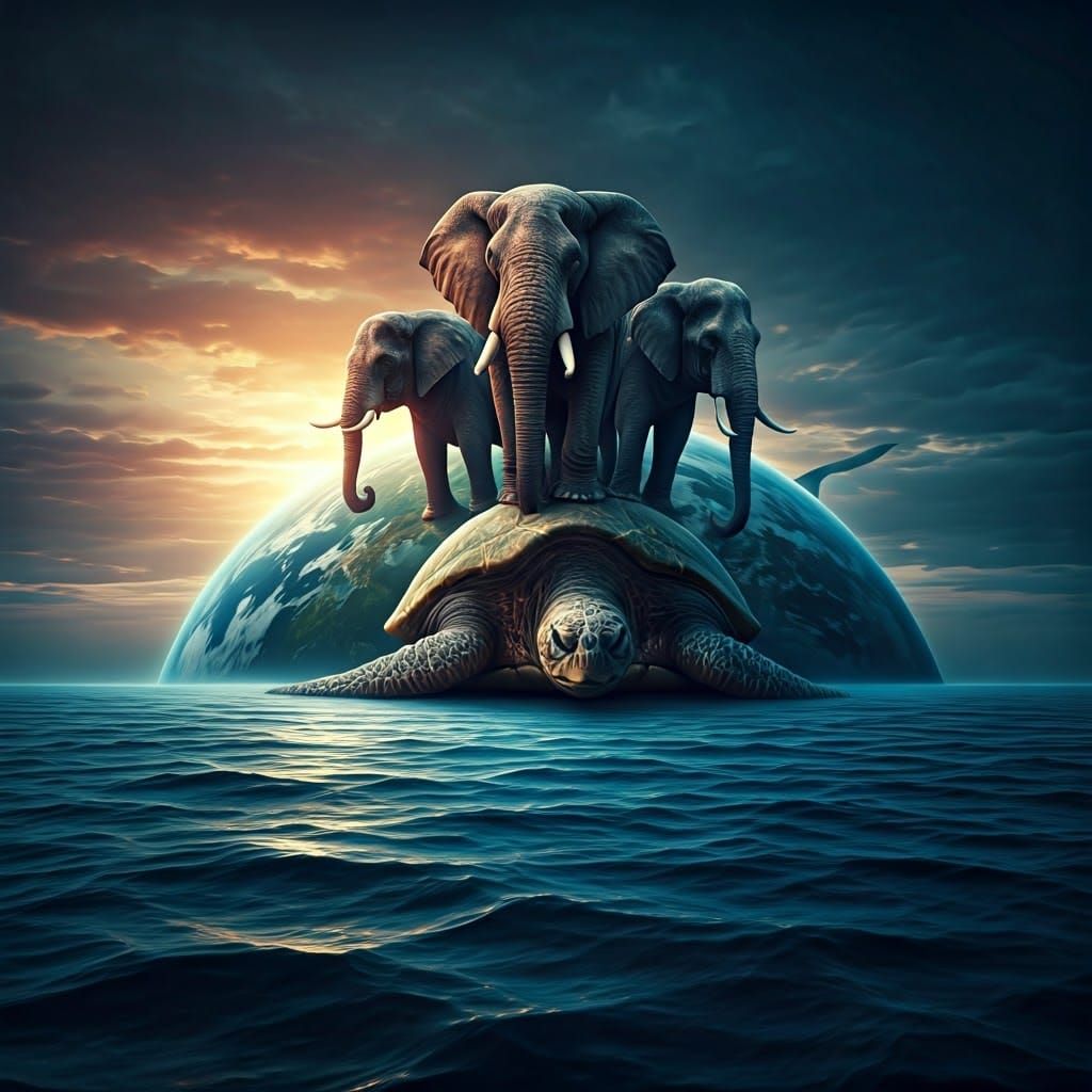 Elephants on Turtle Shell in Blue Ocean, Fantasy Art