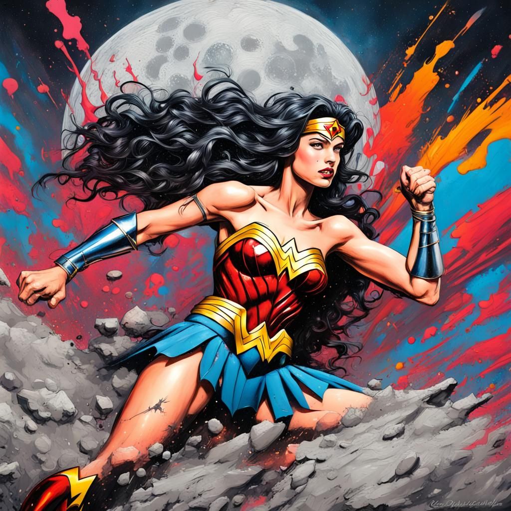 Wonder Woman and Batman Graffiti Art on Moon