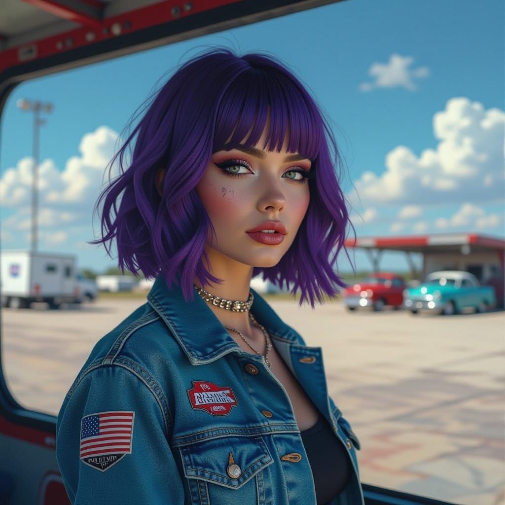 Woman with Purple Hair in NASCAR Park with Anteater and Goth...