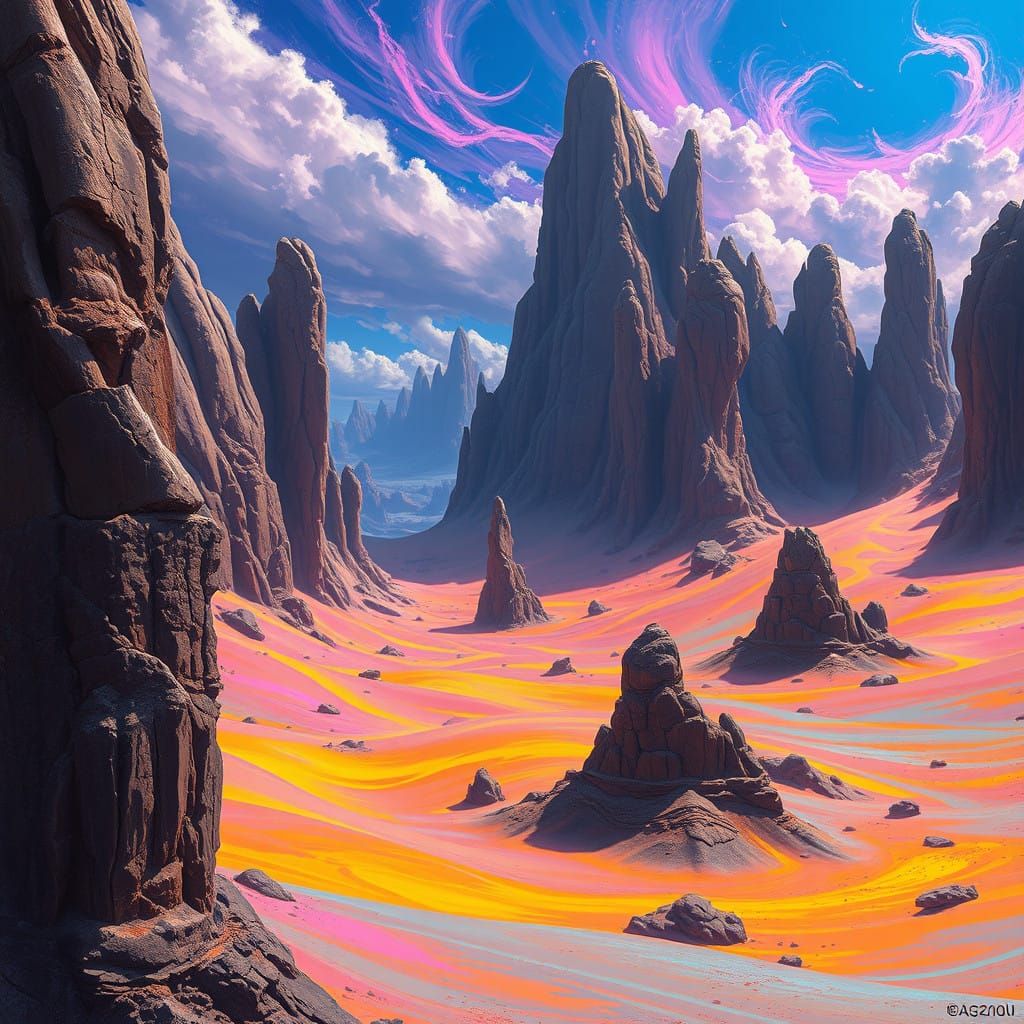 Surreal Desert Landscape in Eerie, Detailed Painting Style