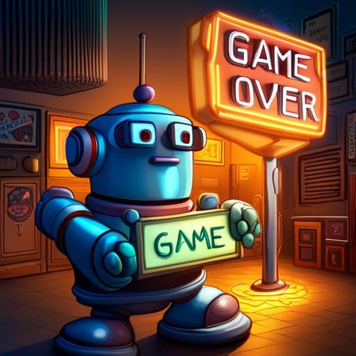 Neon Robot Holding Game Over Sign
