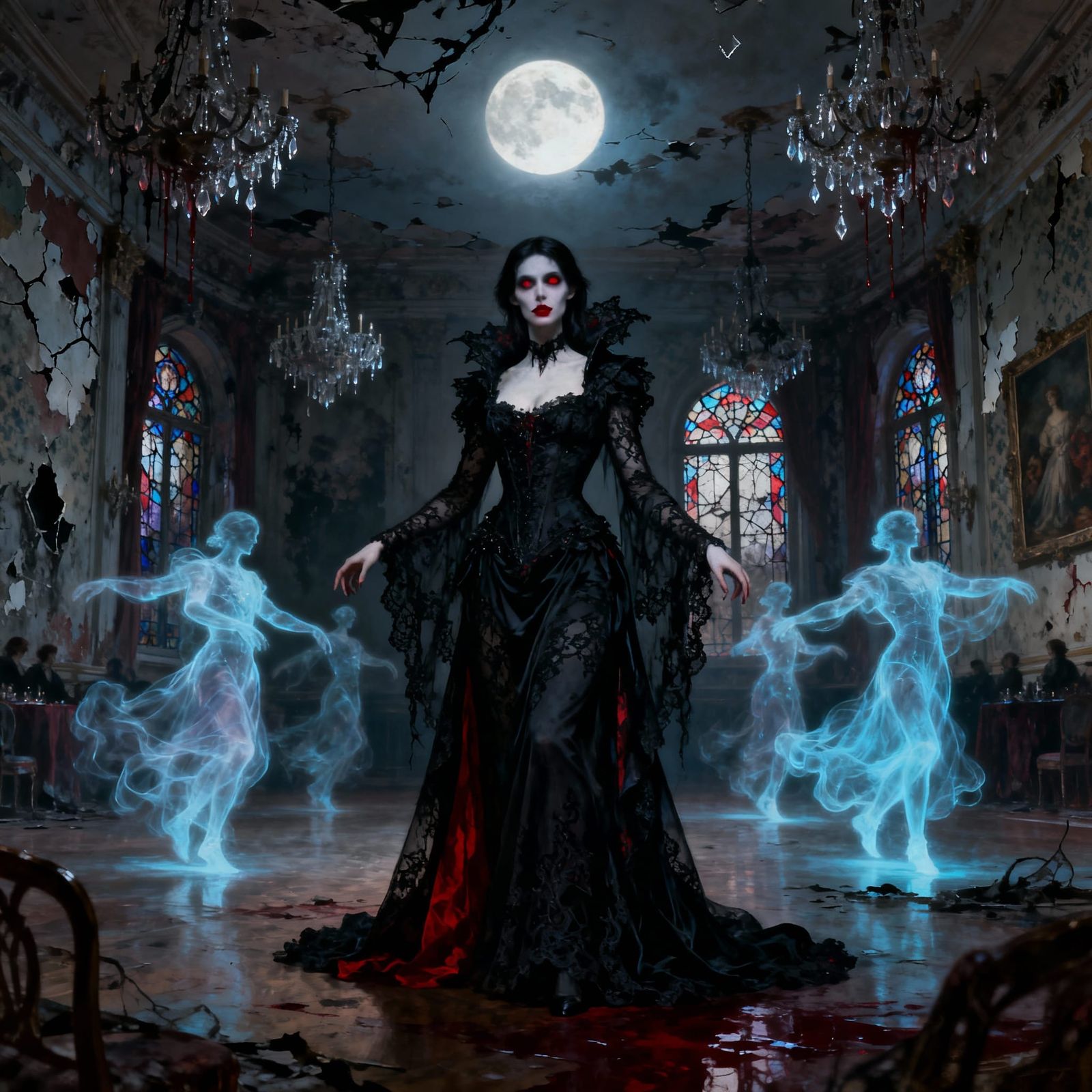 Vampire in Decaying Victorian Ballroom with Ghosts