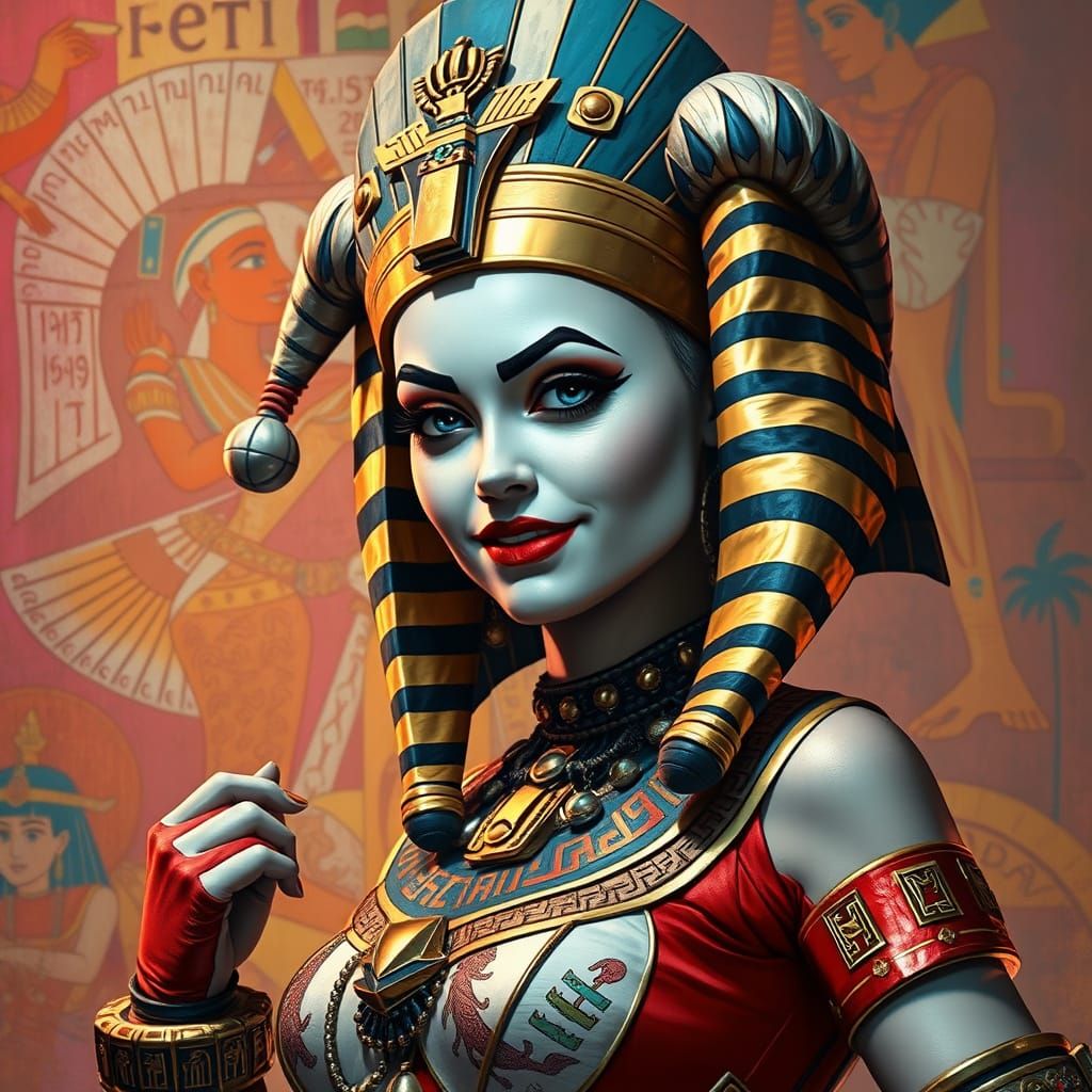 Egyptian Harley Quinn in Vibrant Hyperrealistic Style