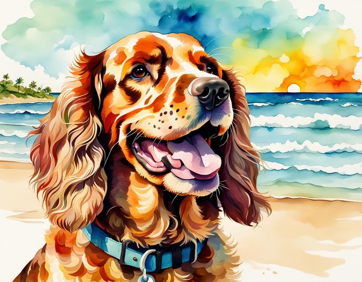 Happy Cocker Spaniel Portrait in Watercolor Style