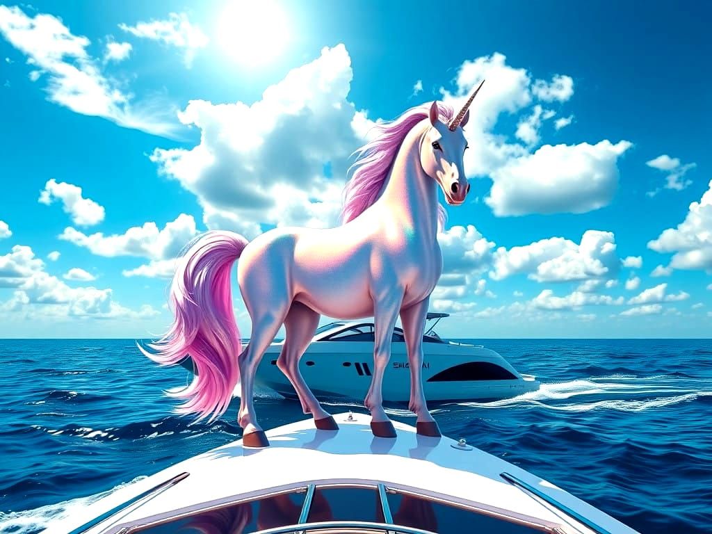 Luxurious Fantastical Yacht Scene with Unicorns