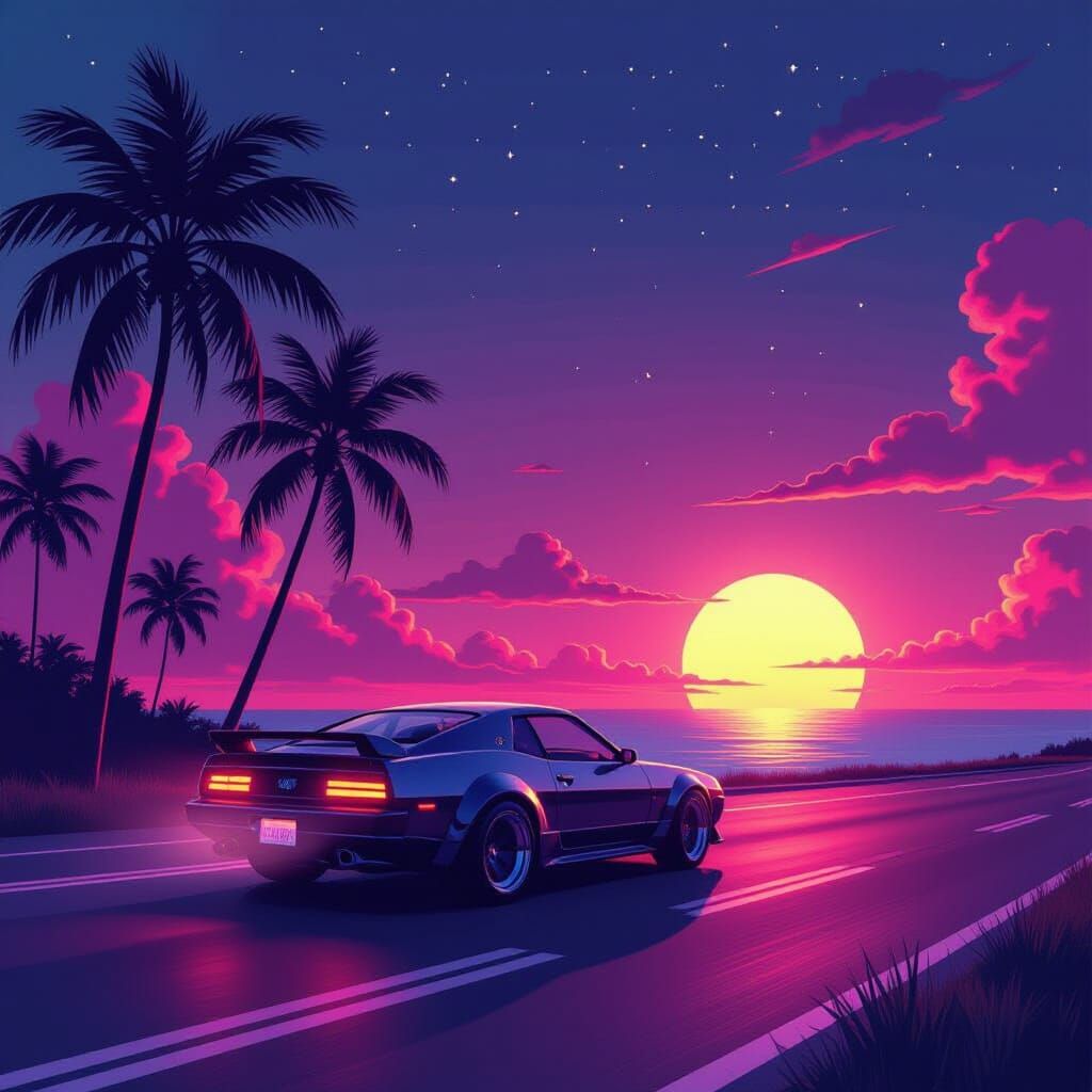 Synthwave Car Drifting on Miami Beach Road