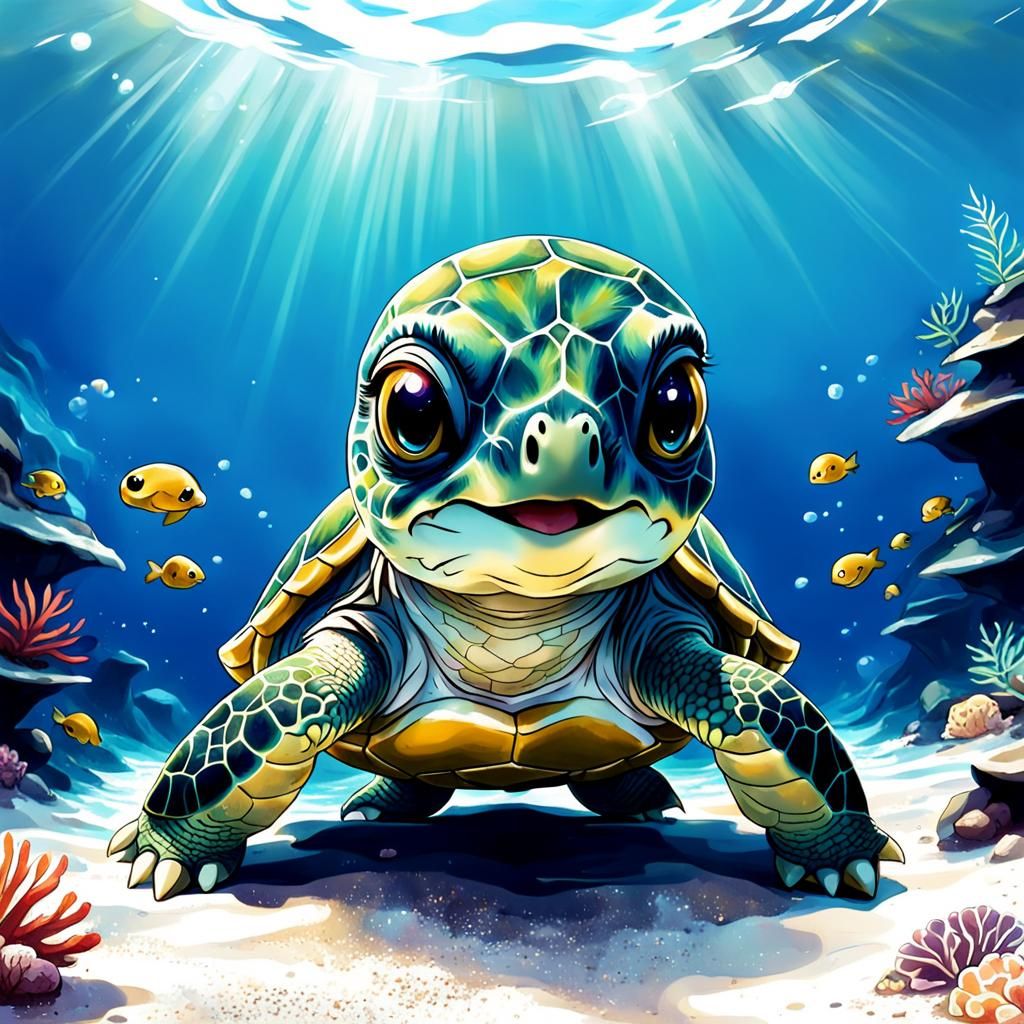 Adorable Baby Sea Turtle in Anime Style