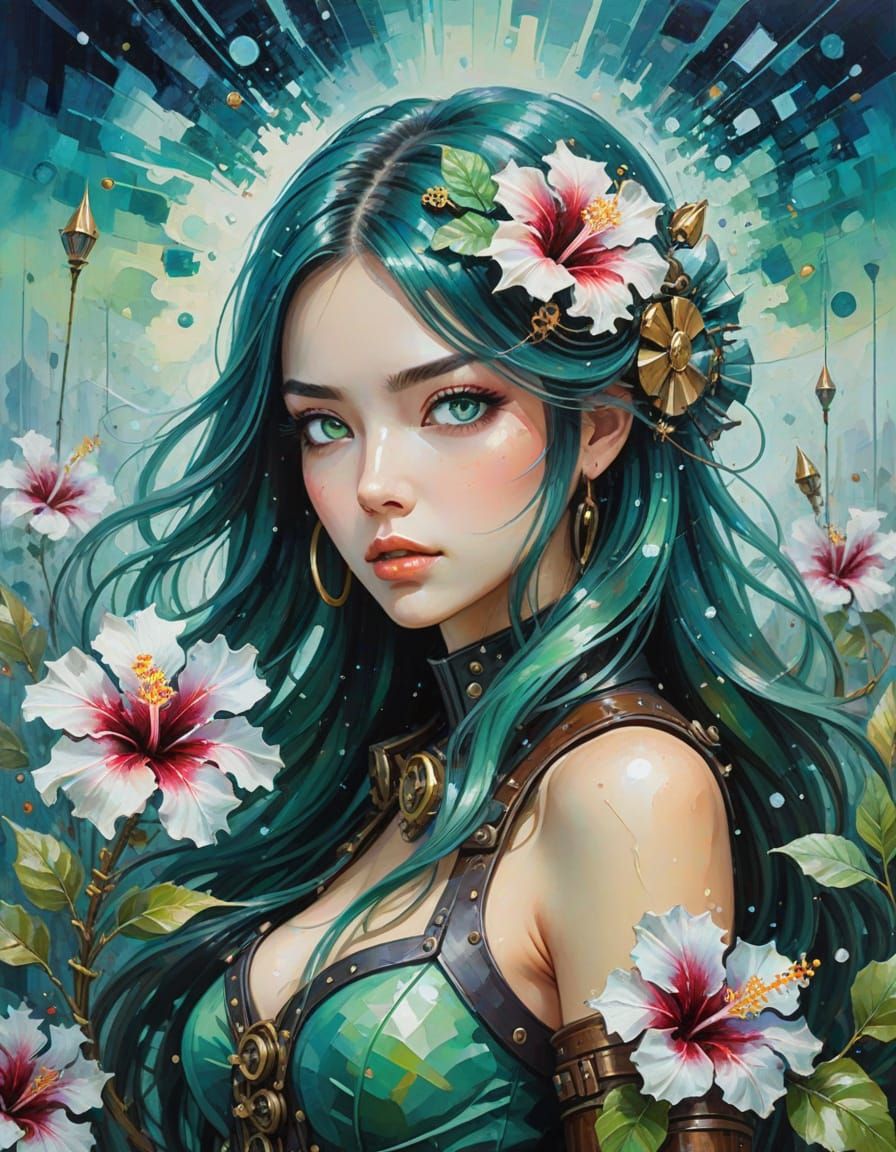 Anime Woman in Hibiscus Field: Digital Matte Painting
