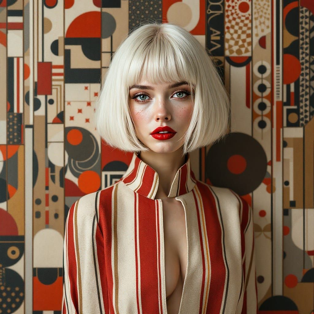 Elegant Woman Amidst Geometric Patterns in Eastern European ...