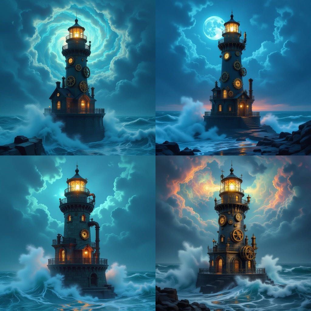 Ethereal Steampunk Lighthouses in a Cosmic Dreamscape