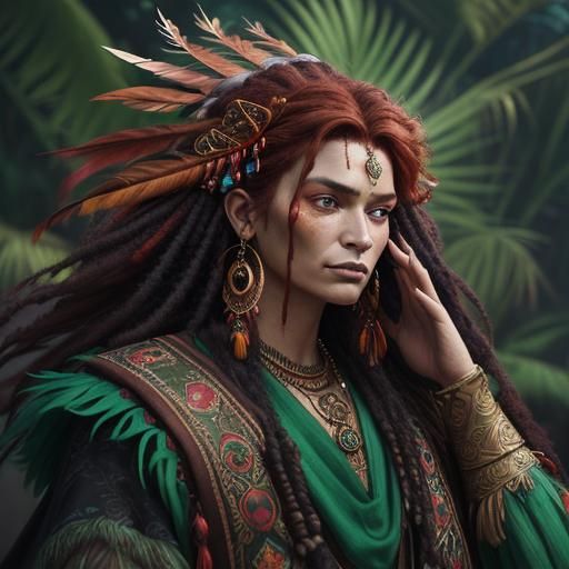 Pirate with Ginger Beard and Tribal Woman: Fantasy Art