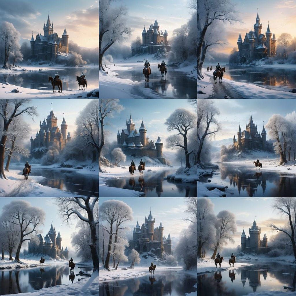 Medieval Winter Kingdom with Knights on Frozen Lake