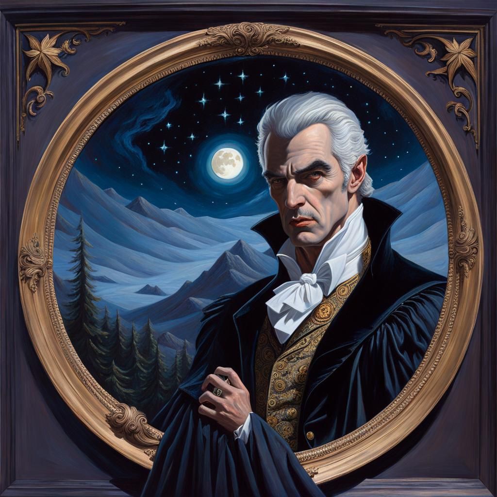 Vampire Under Starry Night Sky in Oil Painting