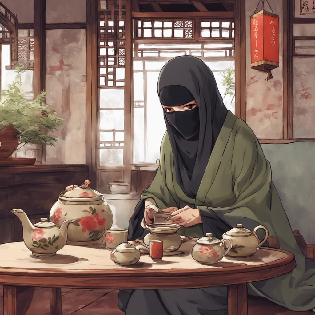 Anime Niqab Muslim in Traditional Chinese Tea House