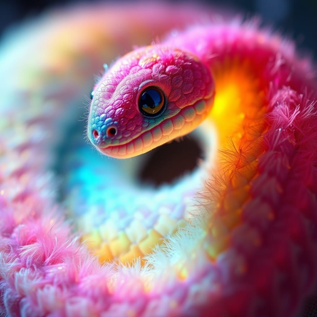 Fluffy Baby Snake with Iridescent Scales as Digital Art