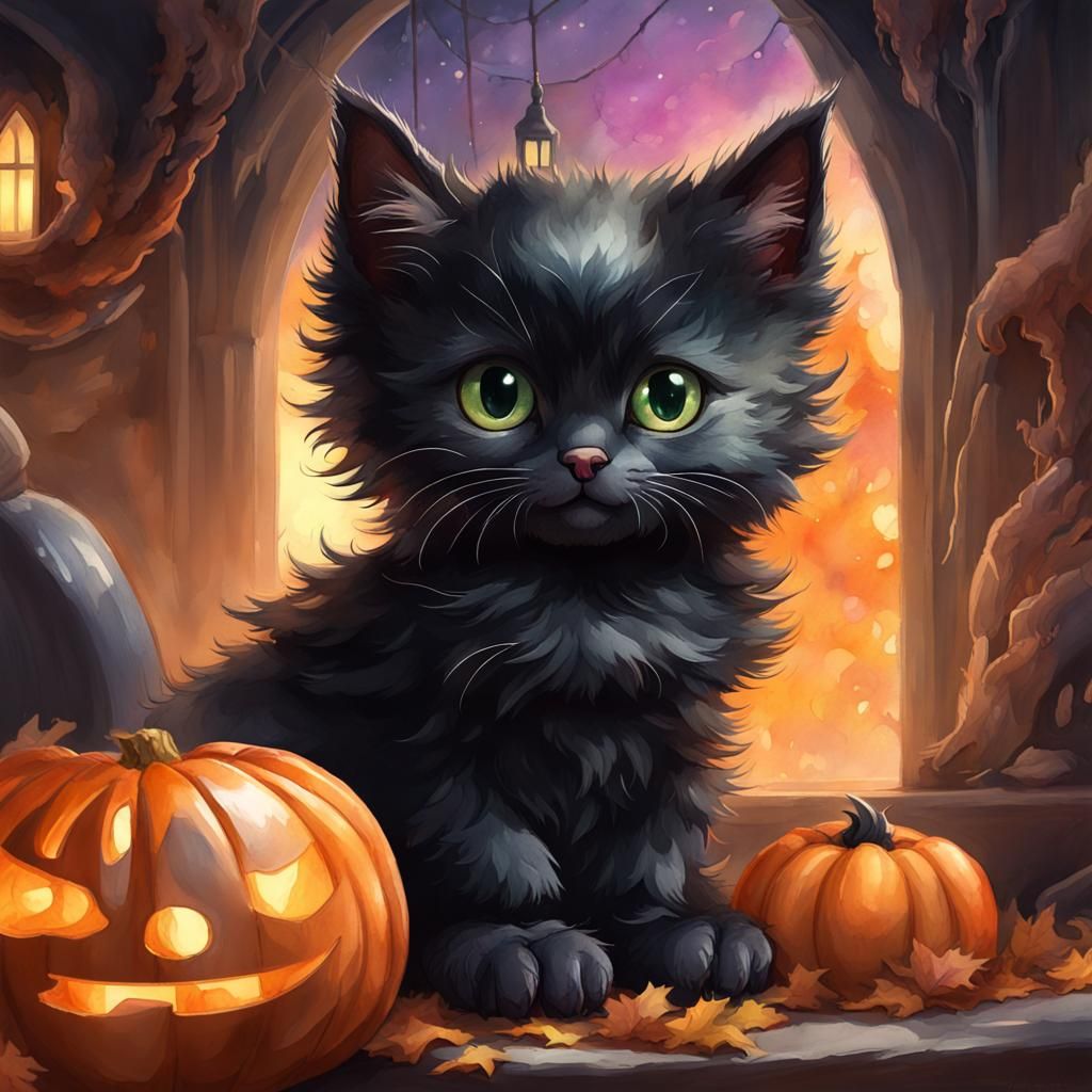 Cute Black Kitten in Halloween Watercolor Art