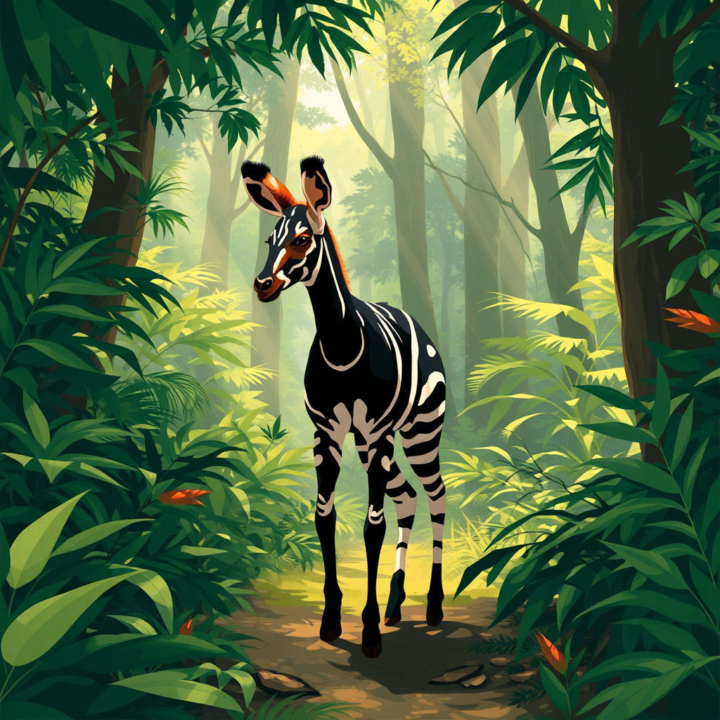 Okapi in Rainforest: Wildlife Illustration
