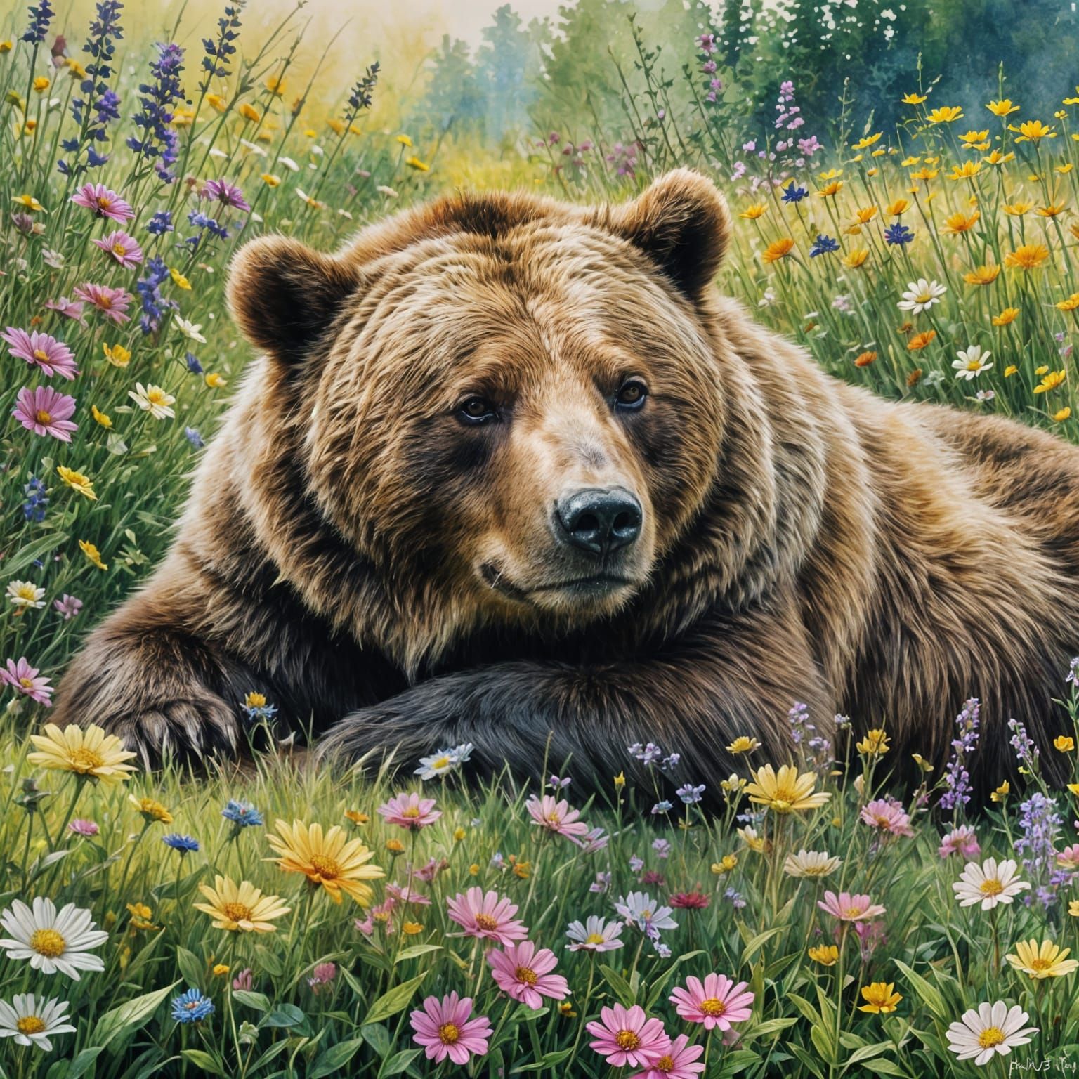 Grizzly Bear Asleep in Flowery Meadow Watercolor