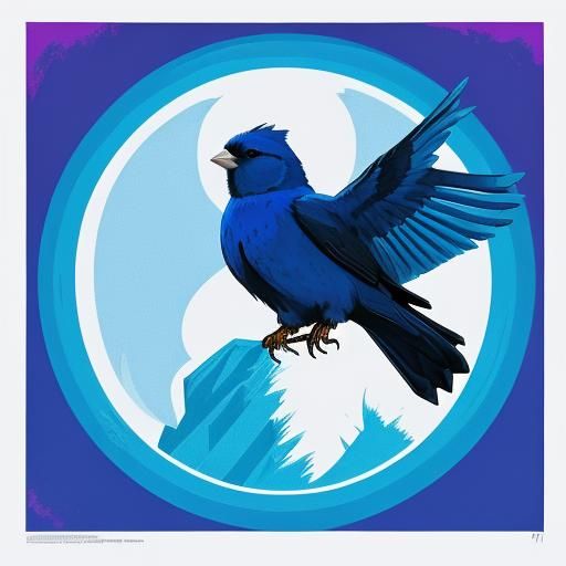 (Indigo Bunting bird, phoenix. Hyperrealistic Articuno.) flying in frosty icecore fire. deep color day-glo. (Saul Bass, ...