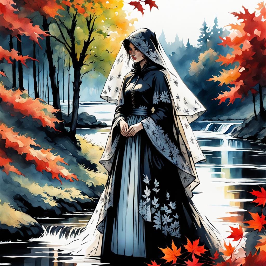 Girl in Red Tulle Veil: Fantasy Watercolor Art