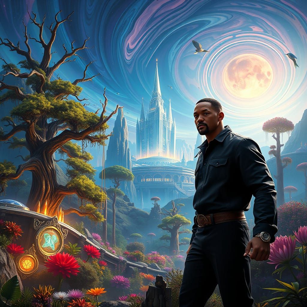 Heroic Figure Amidst Vibrant Ancient Forest