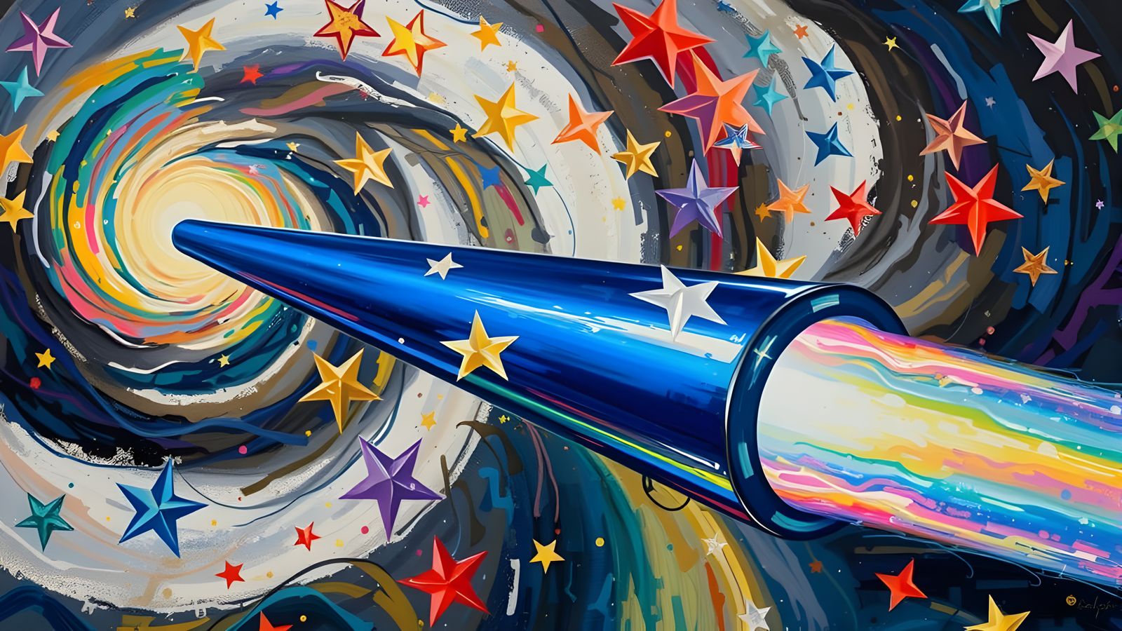 Sleek Reflective Cylinder with Rainbow Exhaust in Impasto Vo...