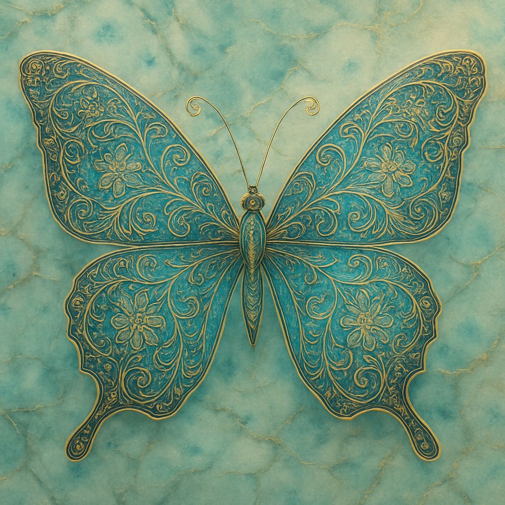Turquoise Butterfly with Golden Filigree in Art Nouveau Styl...