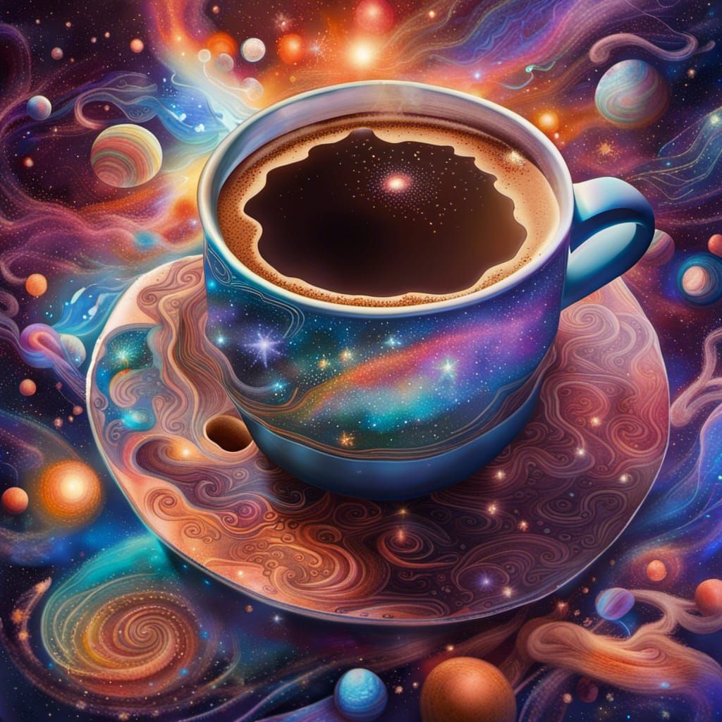 Universe in Coffee Cup: Holographic Astral Illustration