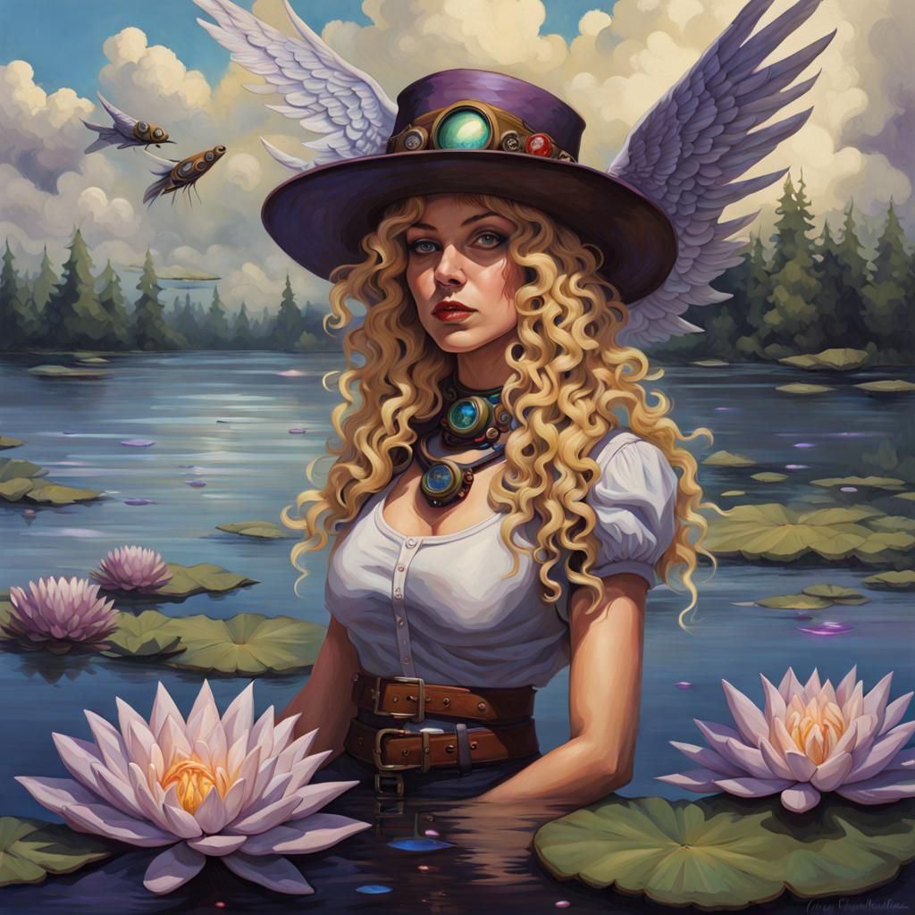 Woman with Rainbow Wings over Steampunk Lake