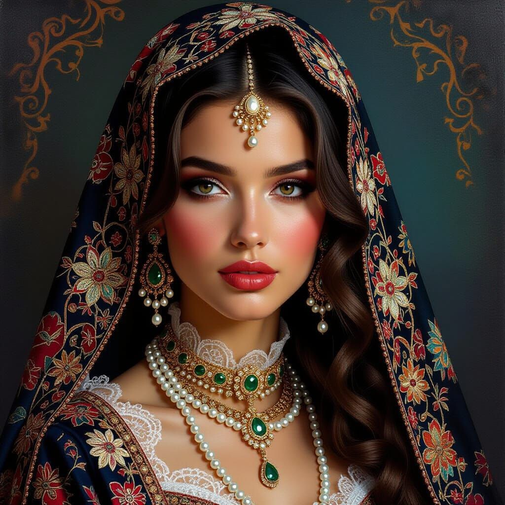 Ornate Woman in Brocade Clothing, Hyperrealistic Oil Paintin...