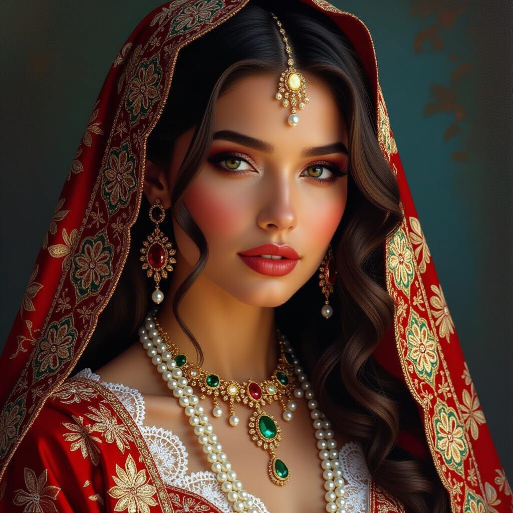 Ornate Woman in Brocade Robe, Hyper-Realistic Oil Painting