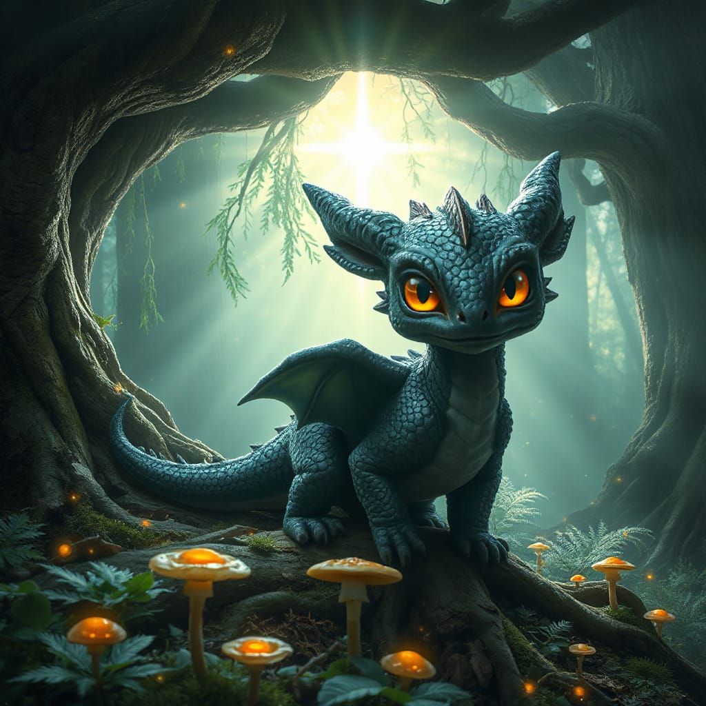 Baby Dragon Emerges in Enchanted Forest