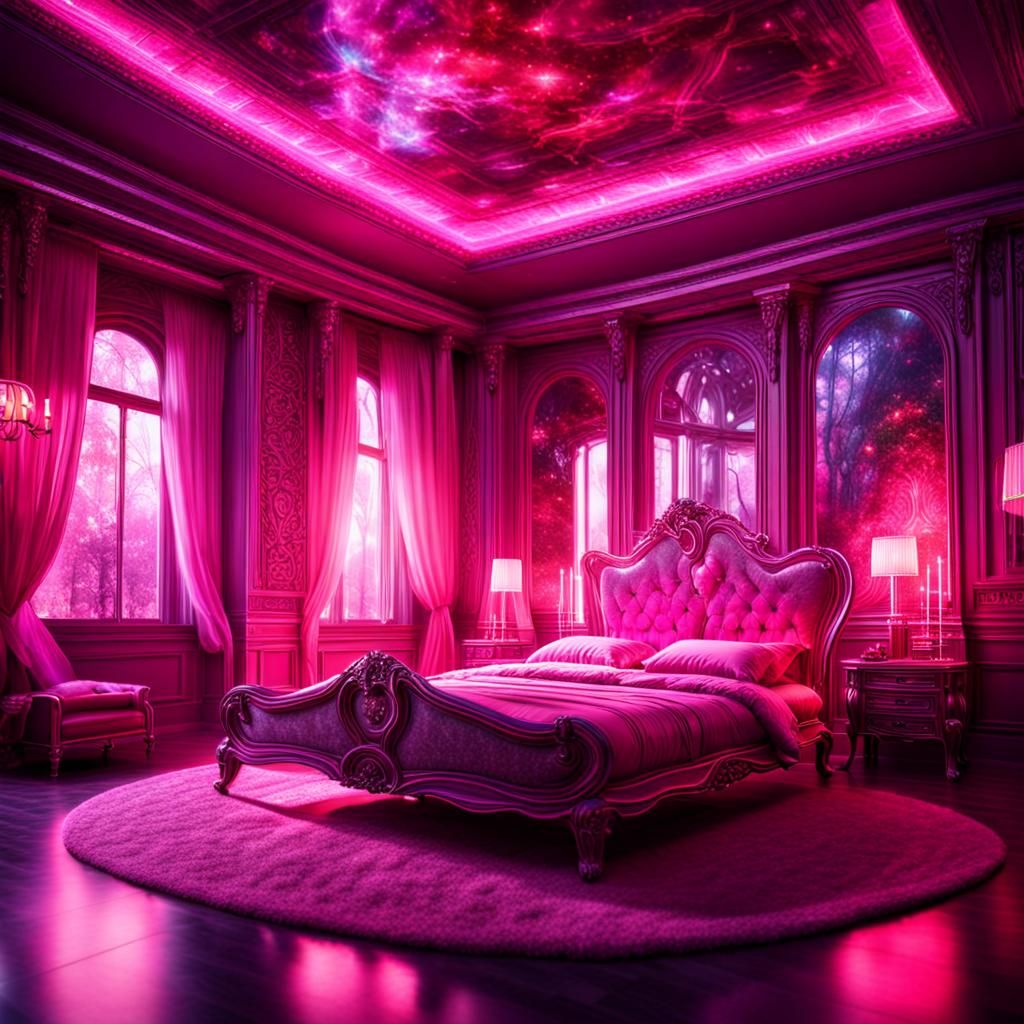 Cinematic Pink Bed in Smokey Room, Fantasy Style