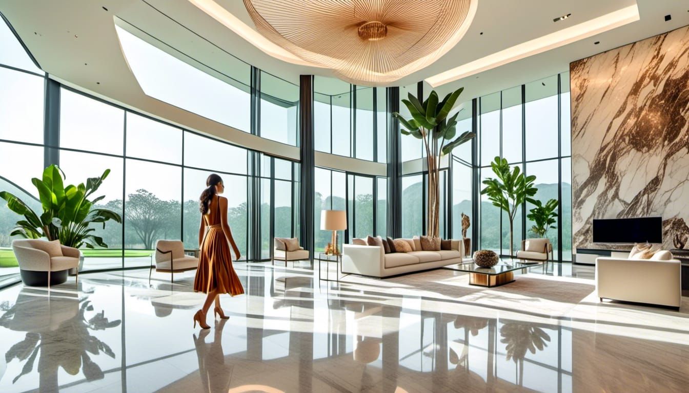 Modern Mansion Interior with Woman, Luxurious Photo