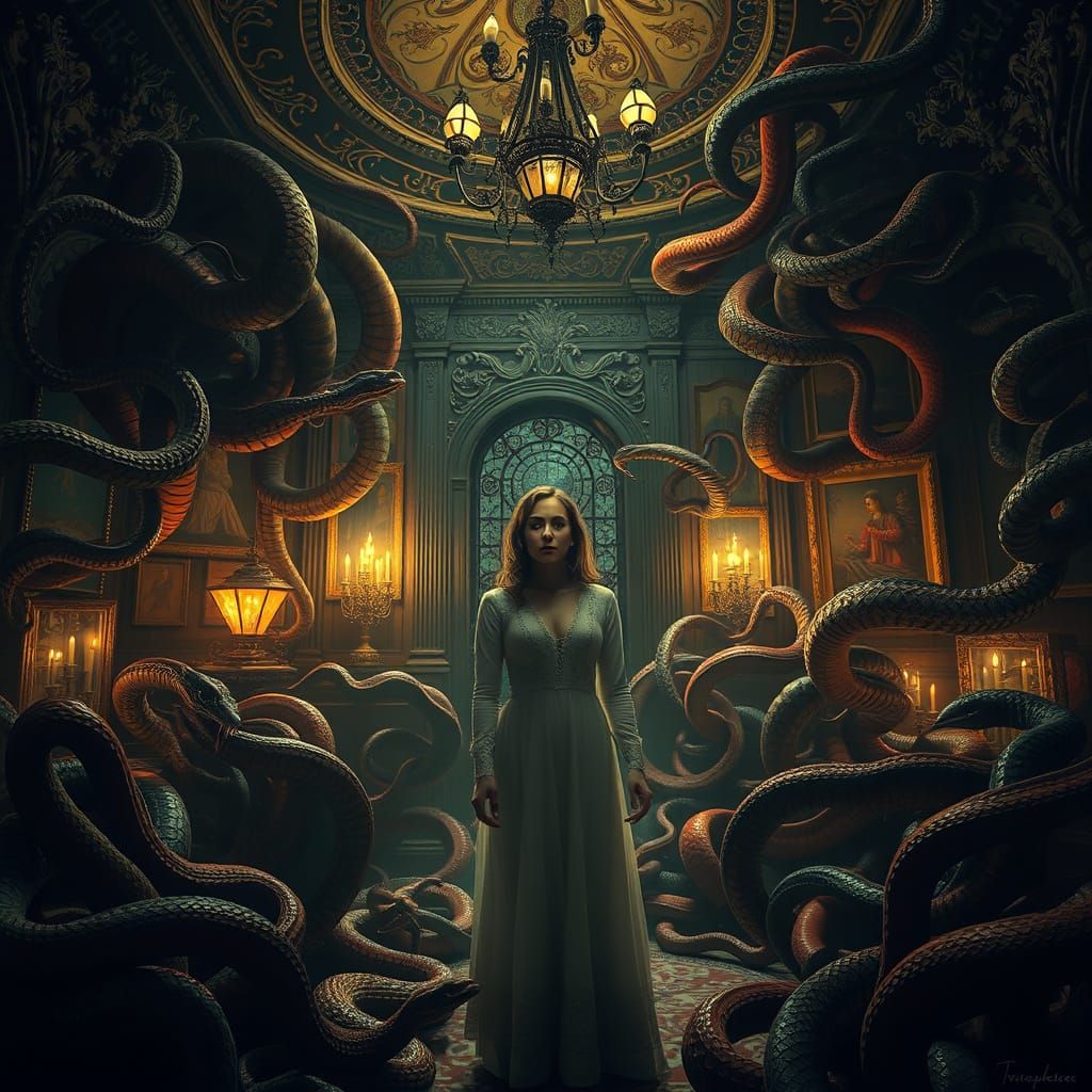 Serpents of Darkness Ensnare Woman in Haunting Chamber