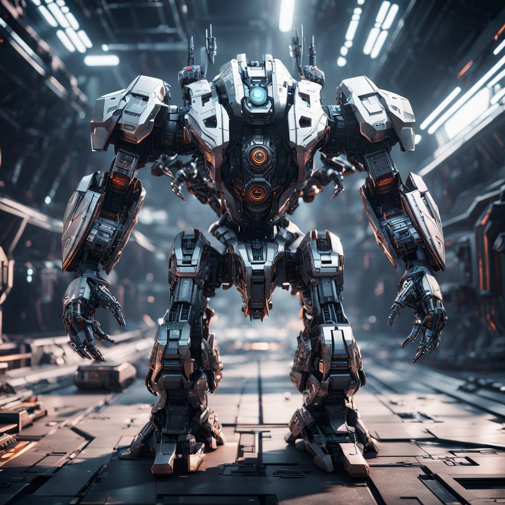 Cyberpunk Mech in Polished Metal, Futuristic Cityscape